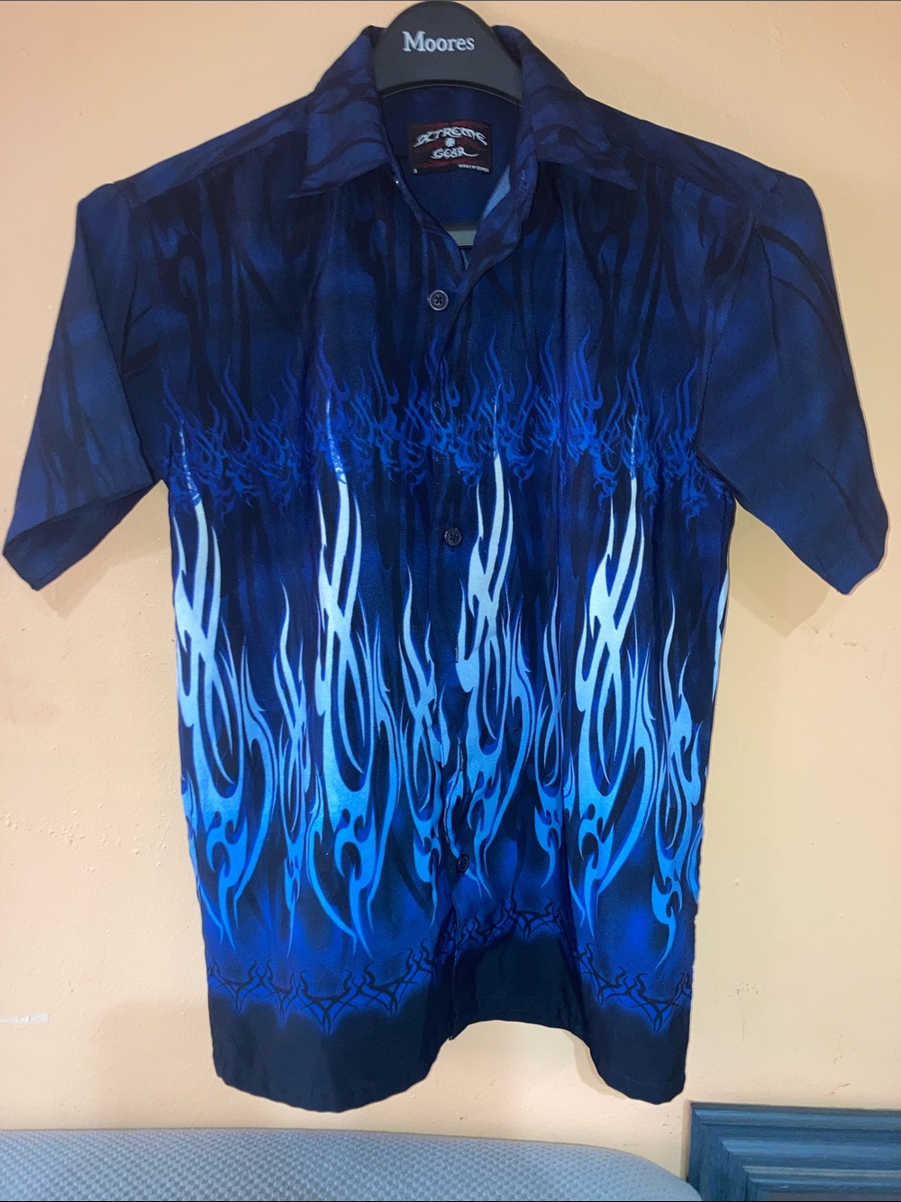 Vintage Xtreme Gear Men’s Blue Flame Short-Sleeve Button-Down Shirt